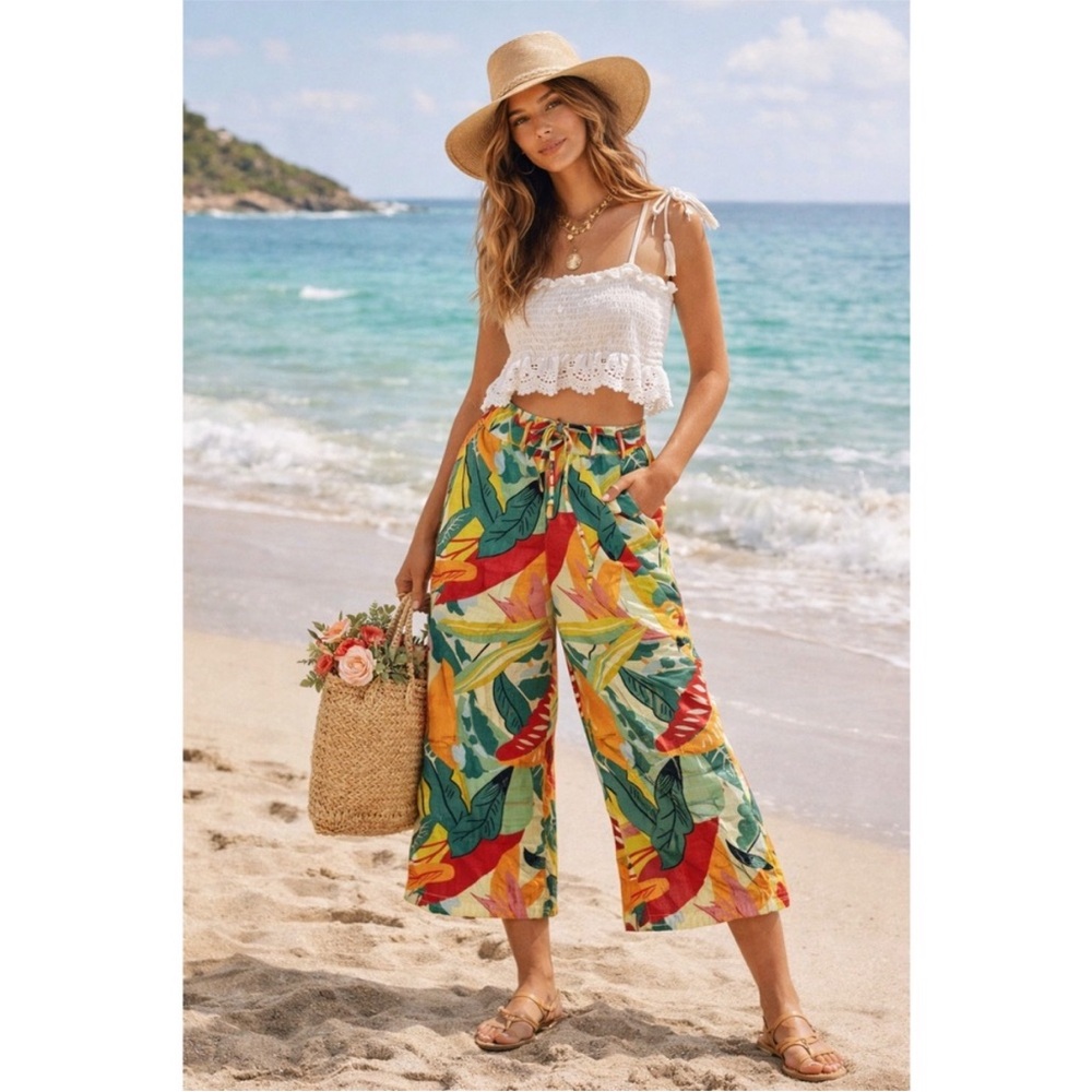 Calligraphie Linen Tropical Wide Leg Pants
Cropped Capri Belted Resort size S
